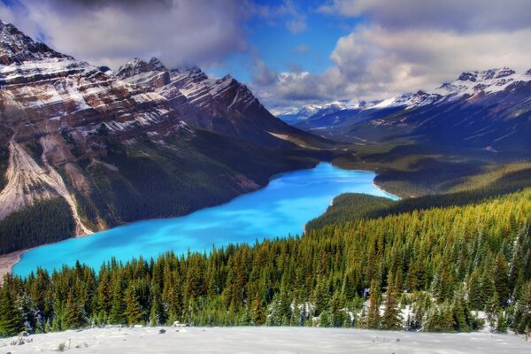 Rivière bleue entre les hautes montagnes