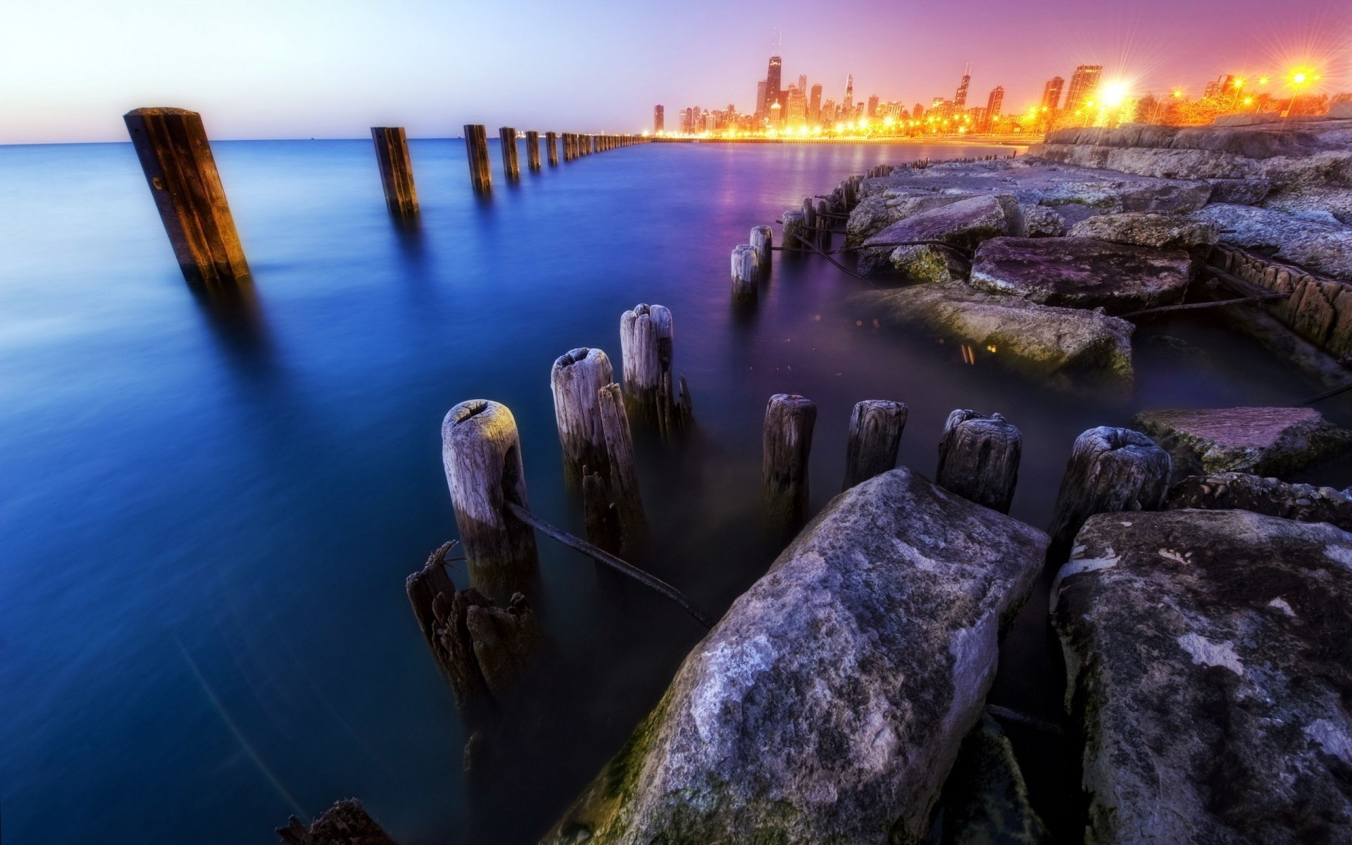 usa wasser sonnenuntergang meer abend meer strand reisen dämmerung ozean landschaft licht reflexion dämmerung himmel rock im freien landschaft fluss pier chicago usa illinois wolkenkratzer nachtlichter