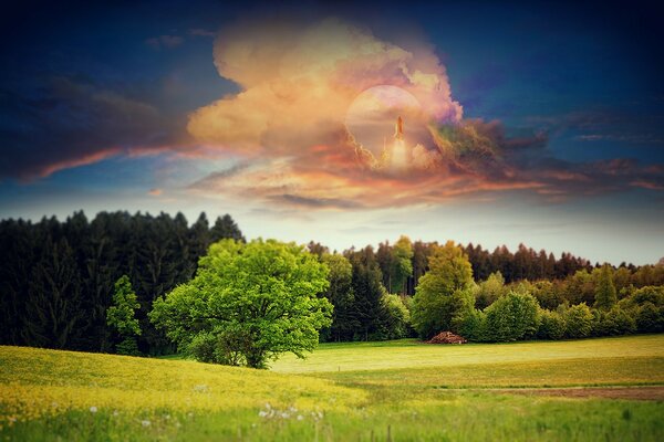 Paisaje de verano con puesta de sol y elementos fantásticos