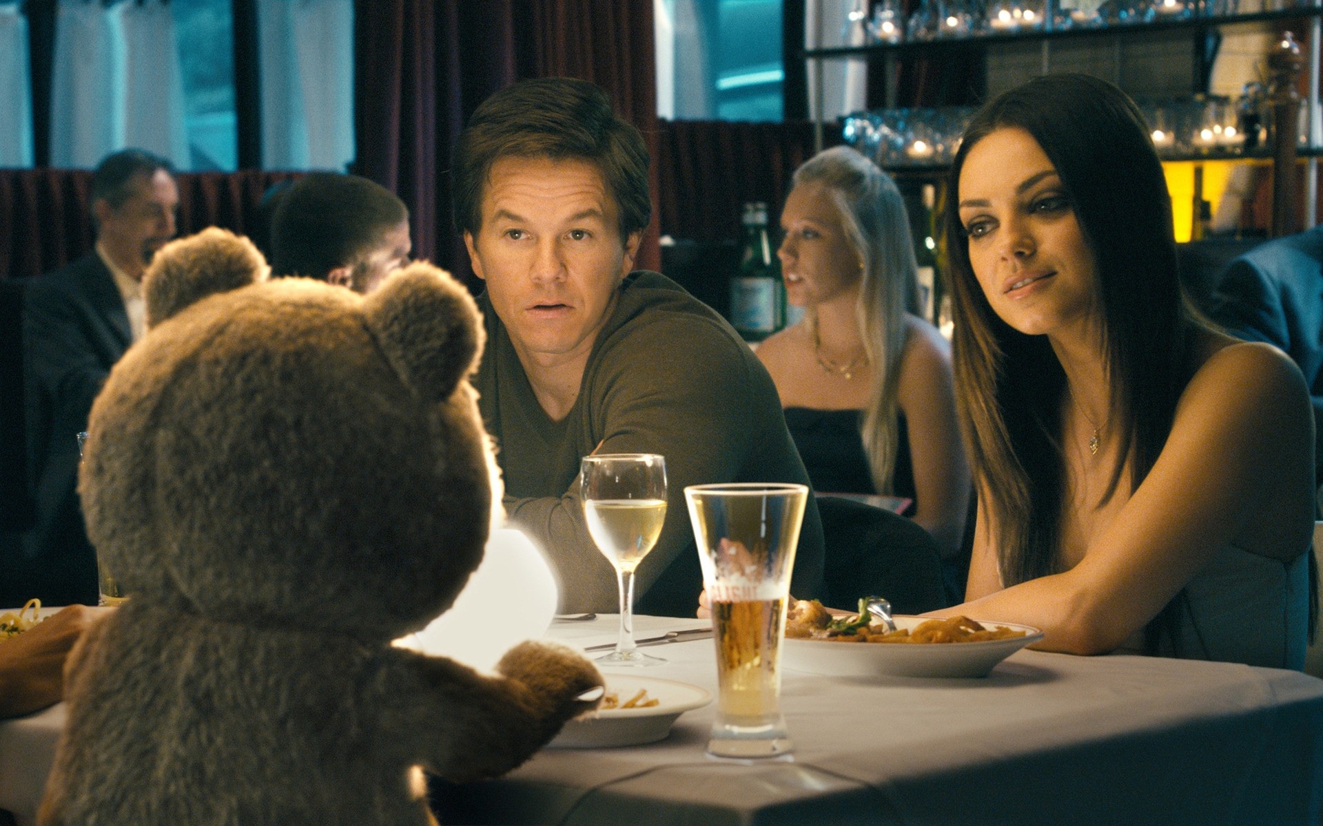 movies adult woman room restaurant group man indoors furniture meeting drink table bar coffee funny hollywood bear mila mark seth