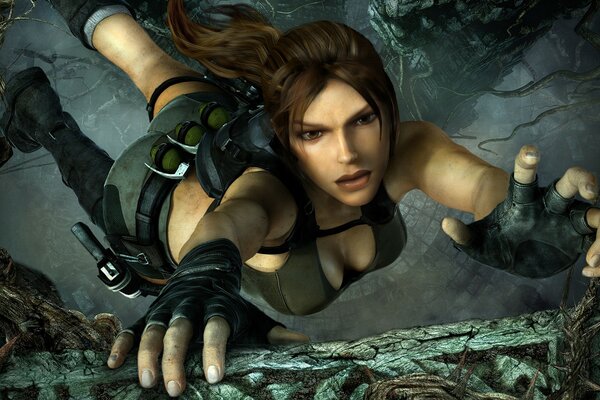 Lara Croft hängt über einer Klippe