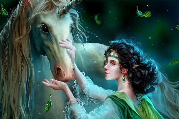 Beautiful elf with a unicorn