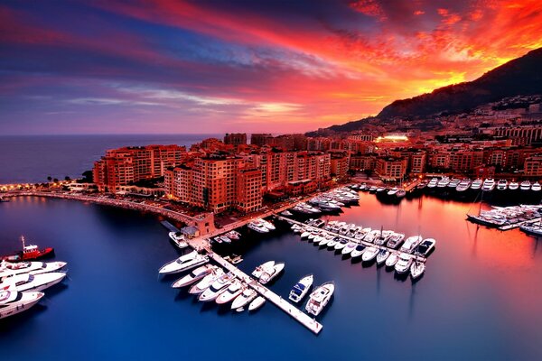 Yachts on the water in the evening city