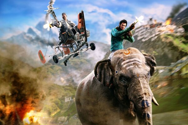 The hero of the game riding an elephant