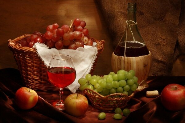 Artistic still life with fruit and wine