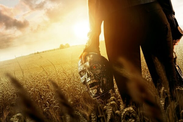 A man holds a robot s head in his hand in a field of wheat