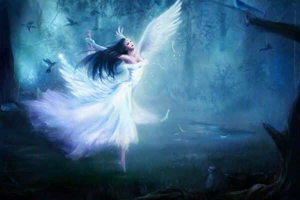 Girl forest angel dance birds wings