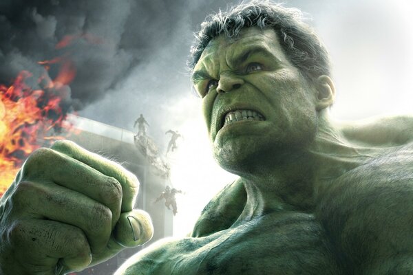 Hulk with a fist gets angry amid an explosion