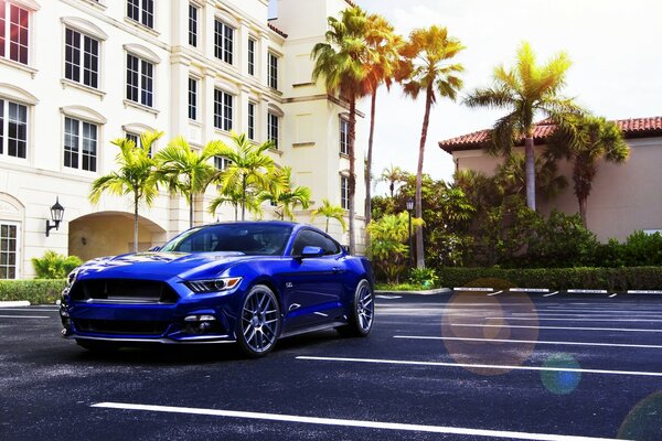 Beautiful Ford Mustang in front of the sidewalk