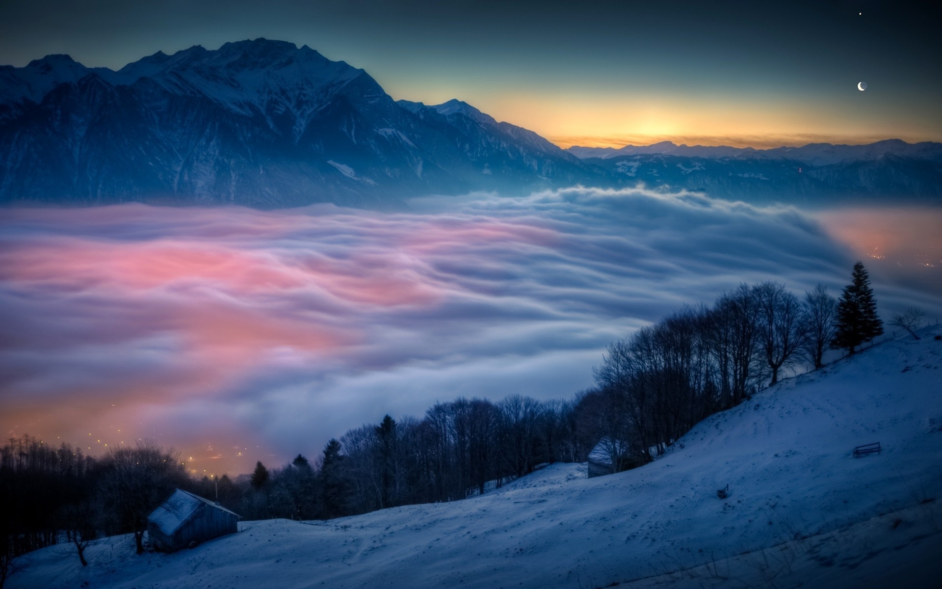 landschaft schnee winter sonnenuntergang berge dämmerung landschaft kalt am abend himmel eis landschaftlich im freien natur reisen stadt berge