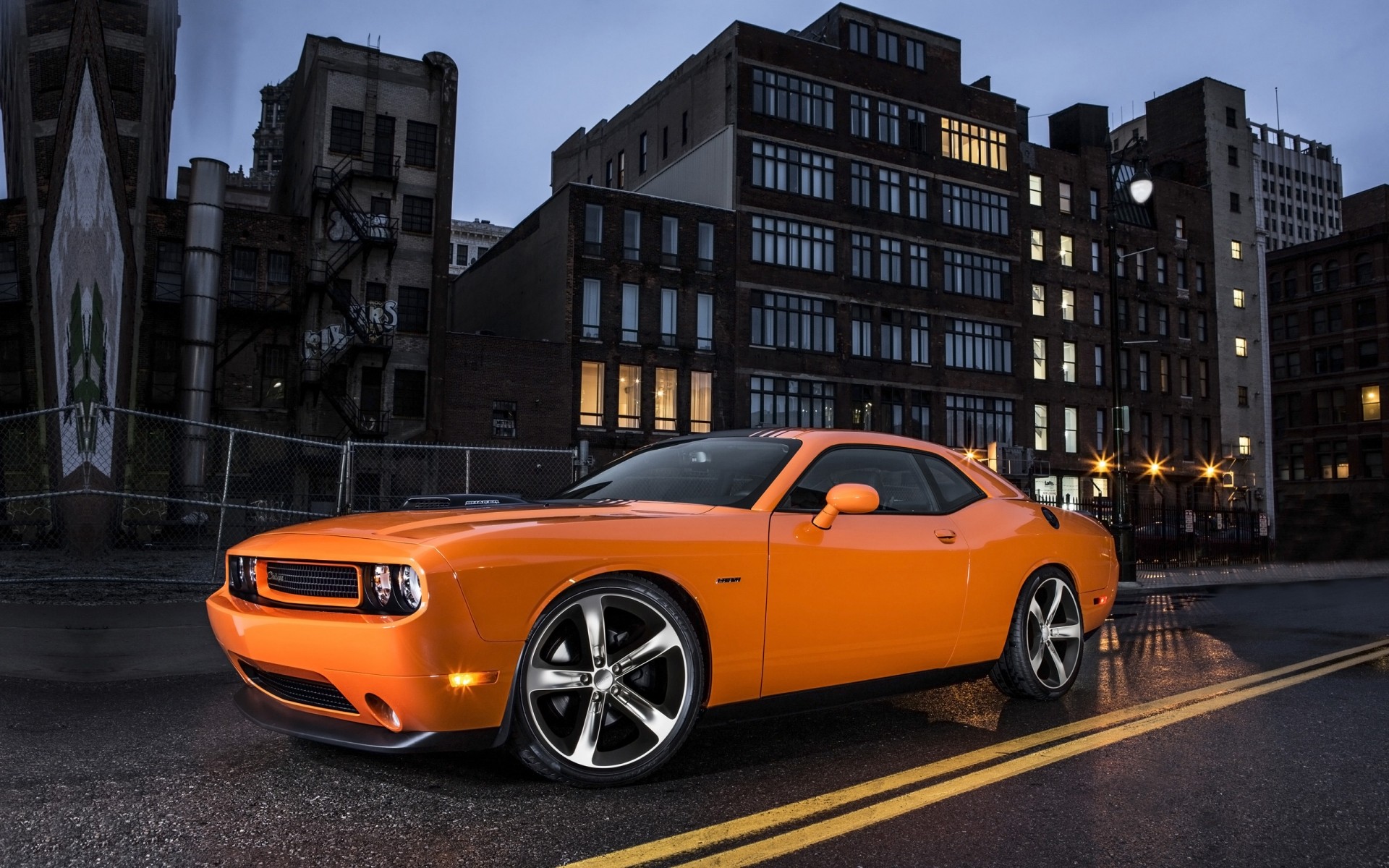 dodge car vehicle transportation system pavement road street city muscle car power performance orange
