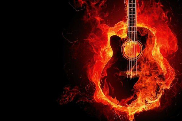 A black guitar in a bright flame