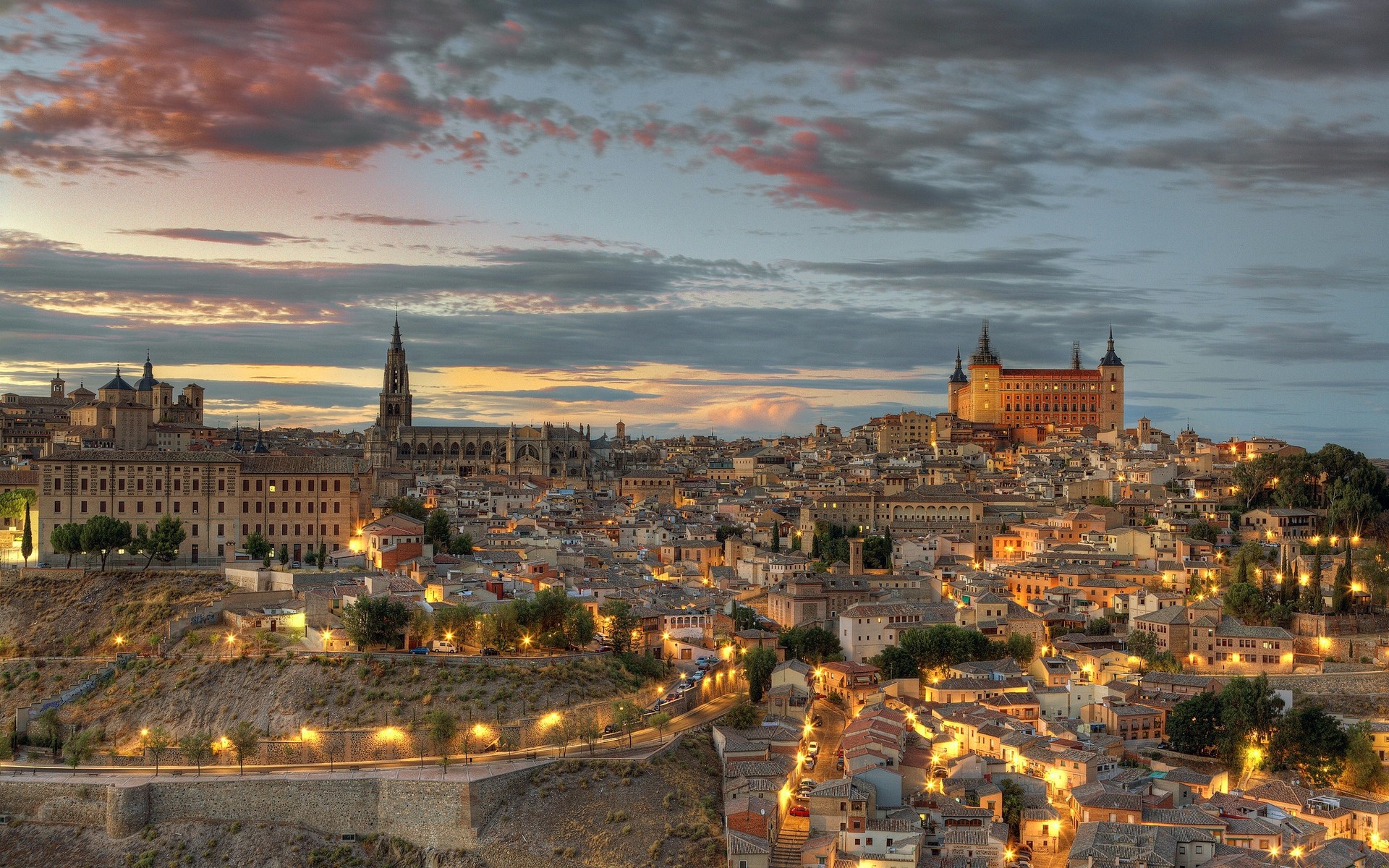 spain architecture city travel cityscape church dusk outdoors evening sunset town cathedral building skyline panoramic gothic sky toledo landscape night