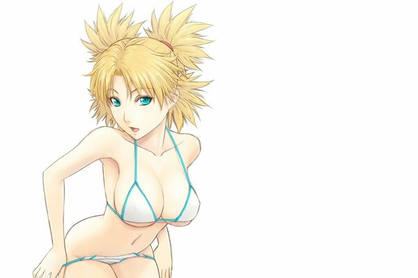 Blonde with short hair in a swimsuit