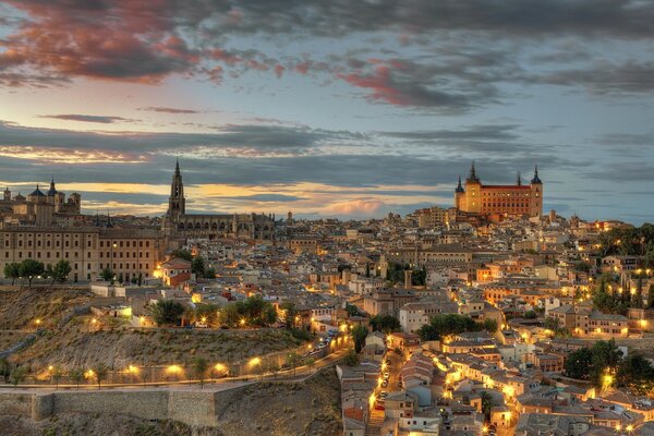 An evening Spanish town with ancient architecture