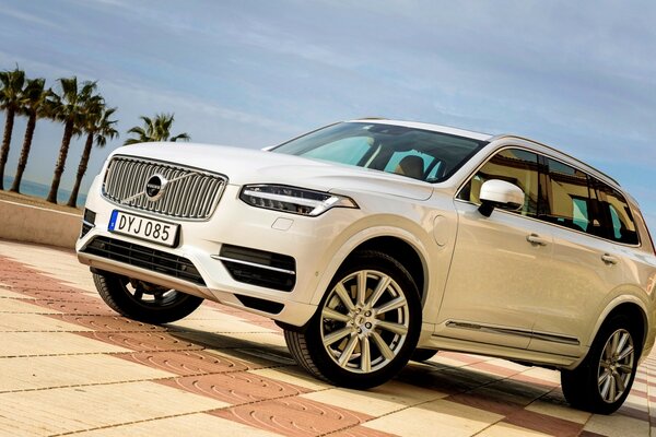 White Volvo on the cobblestones by the beach