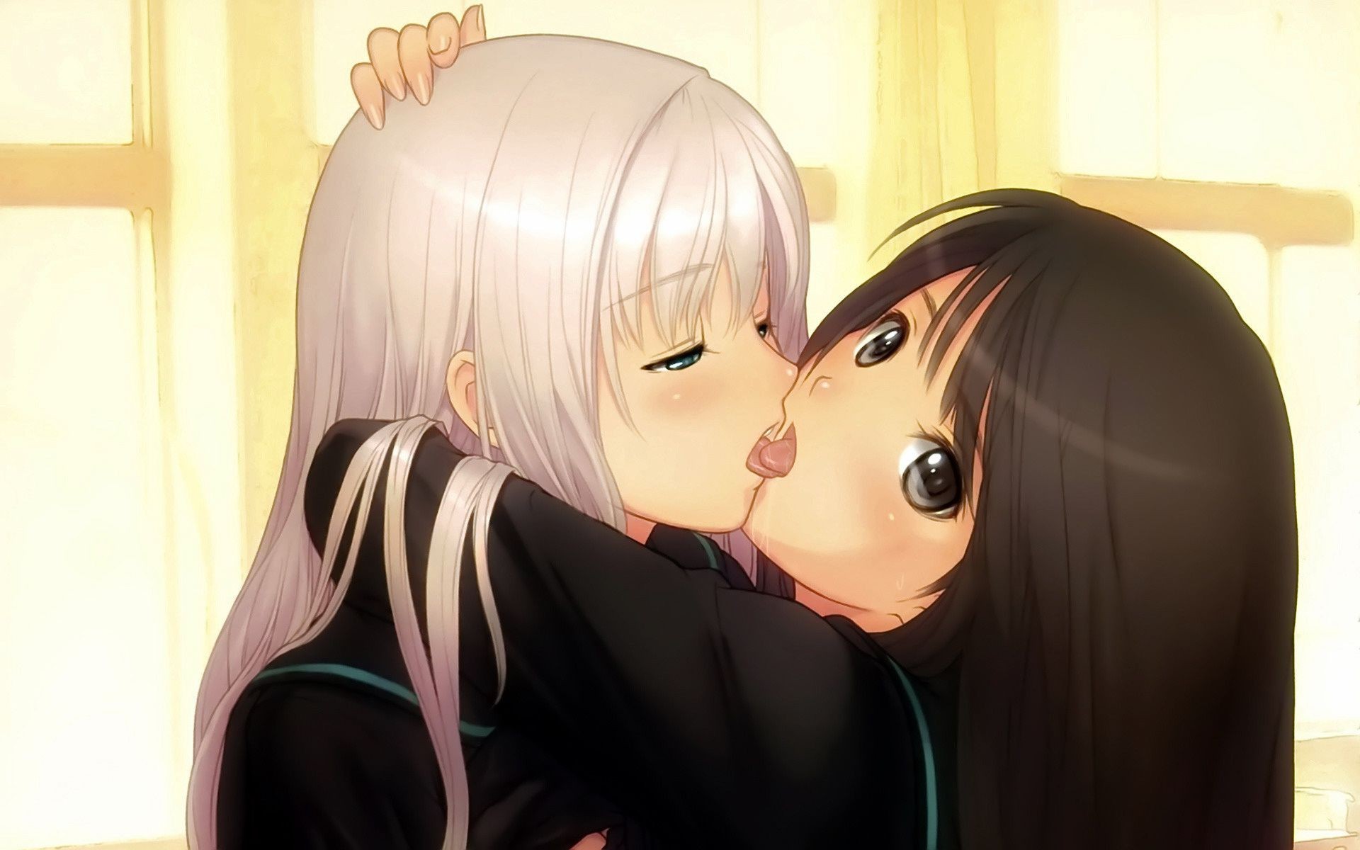 Drawing of anime girls kissing wallpaper