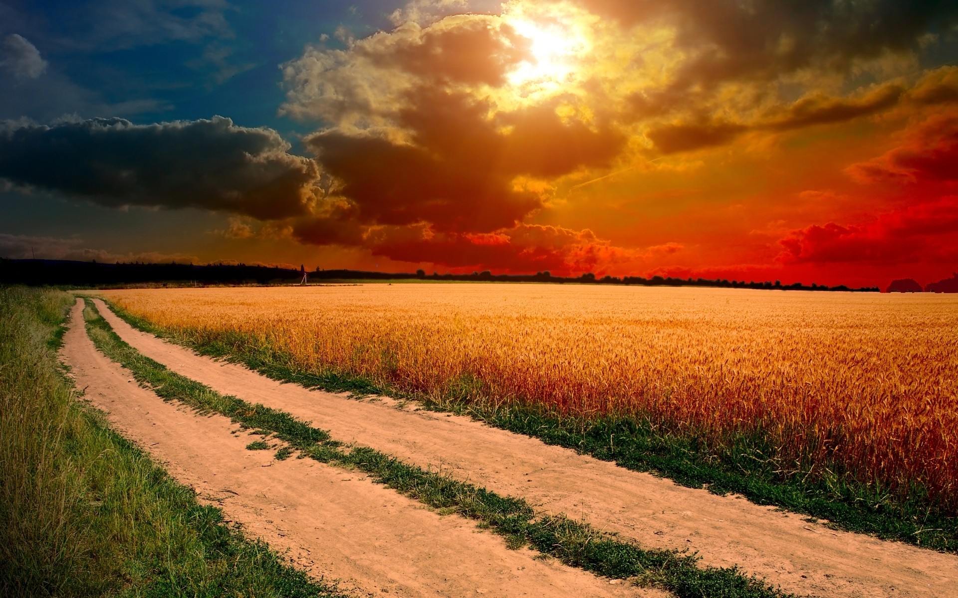 krajobrazy natura krajobraz wiejskich na zewnątrz niebo zachód słońca ziemi uprawnej słońce wsi rolnictwo lato dobra pogoda chmury czerwone niebo tryb hdr krajobraz