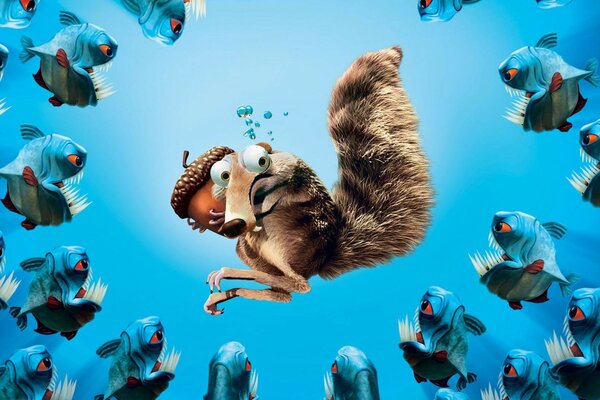 L écureuil du dessin animé Ice Age sauve la noix des piranhas