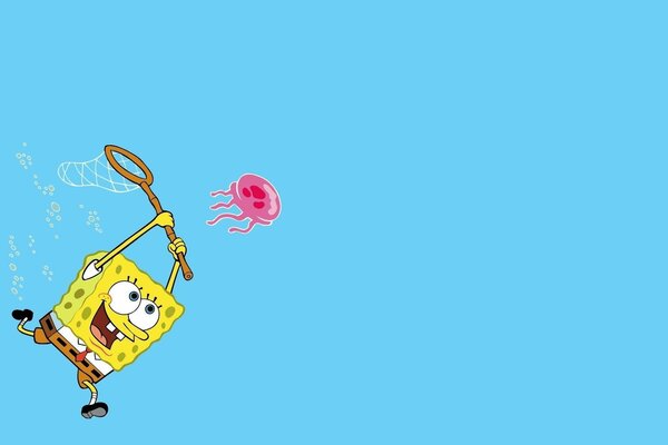 SpongeBob chases a jellyfish with a net