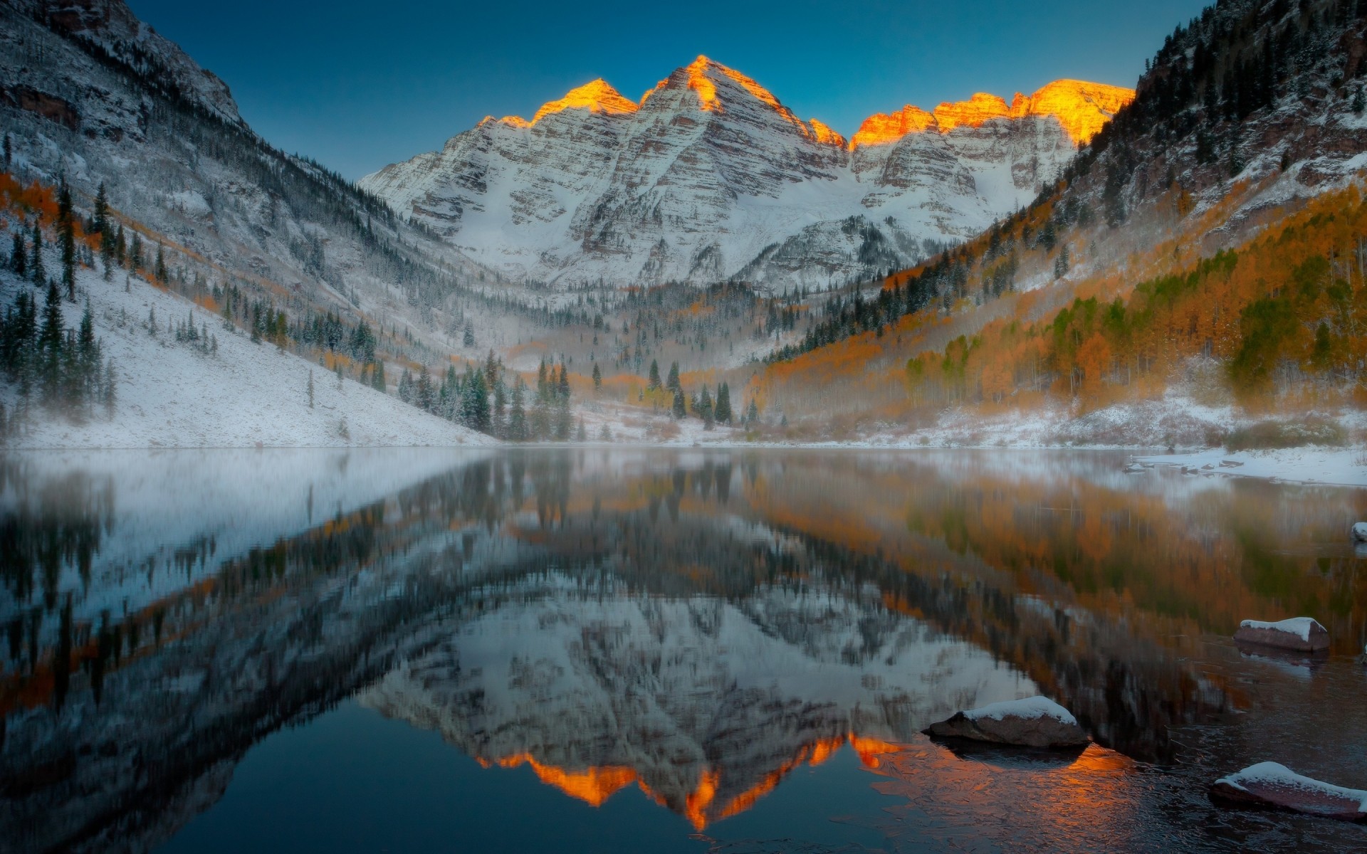 united states snow mountain landscape winter ice scenic travel nature lake water cold outdoors wood sky glacier reflection aspen mountain colorado lake reflection