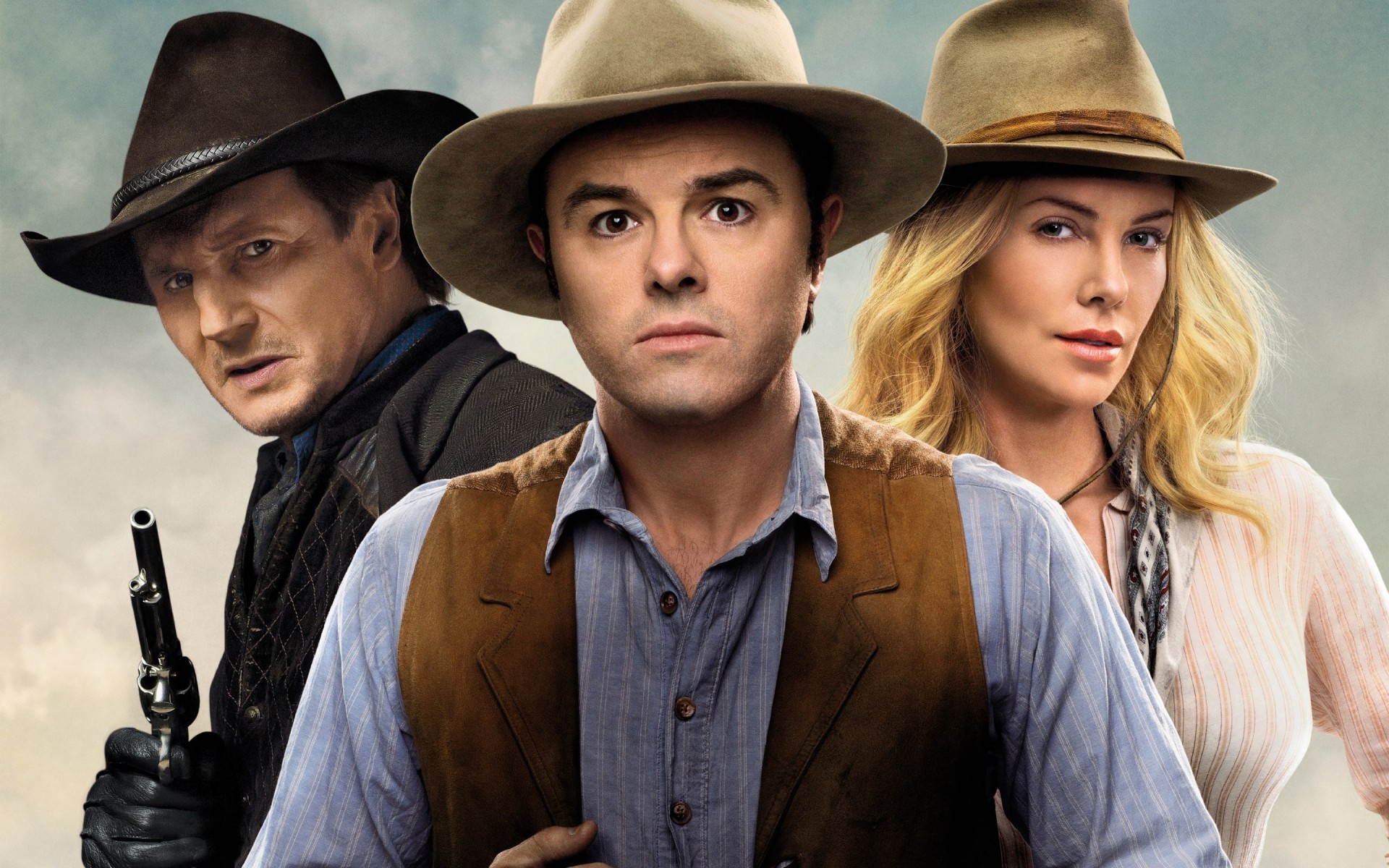 film cap uomo ritratto velo moda cappello da cowboy indossare cowboy donna fedora due adulto capispalla espressione facciale charlize theron anna liam neeson clinch seth macfarlane albert commedia occidentale