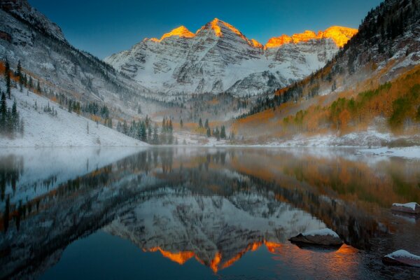 المناظر الطبيعية للجبال والبحيرات المغطاة بالثلوج