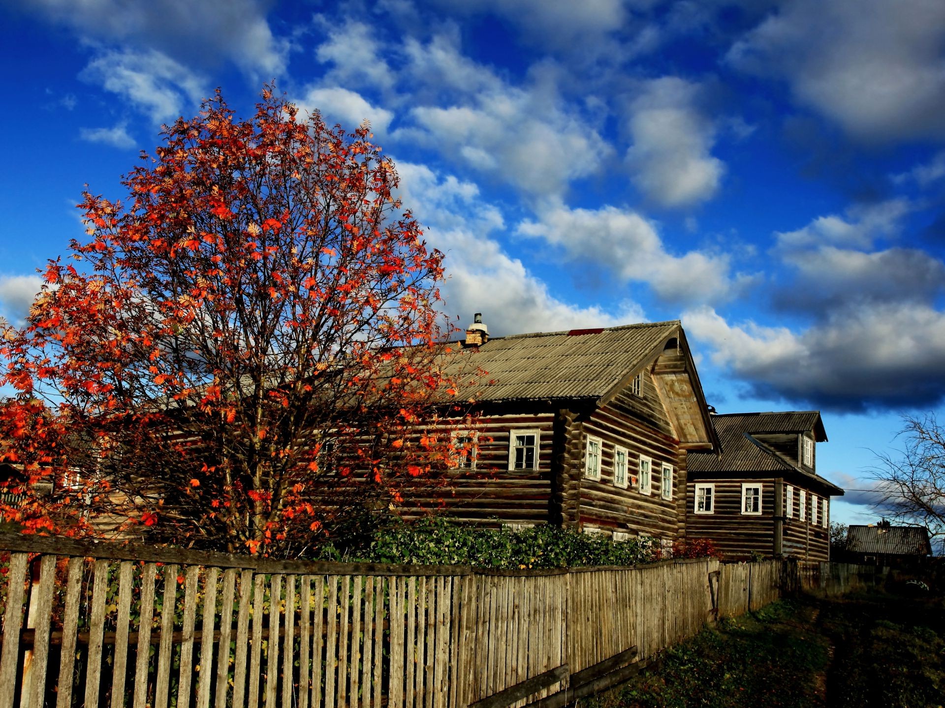 autumn house wood tree building sky architecture home outdoors fence barn