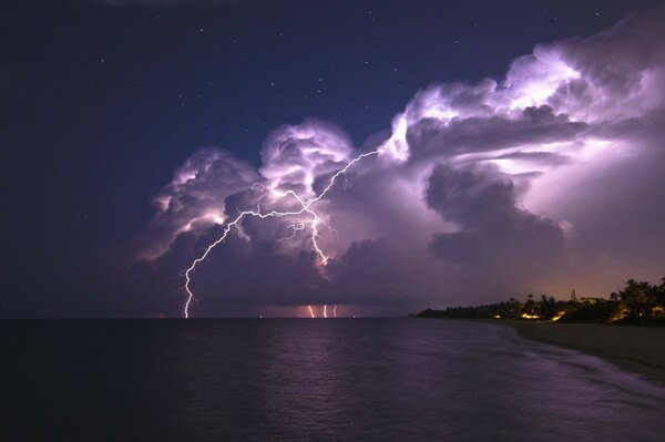 Lightning in the sky at sunset