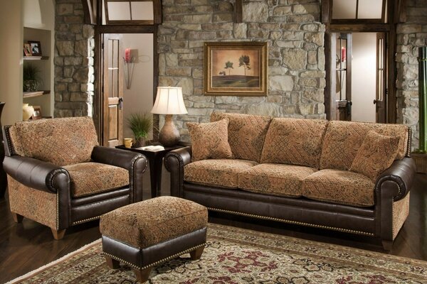 Ottoman, sofa, armchair in the living room