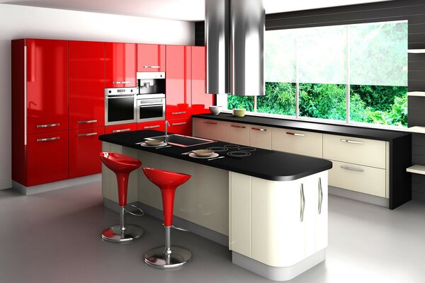 Cocina moderna con refrigeradores rojos