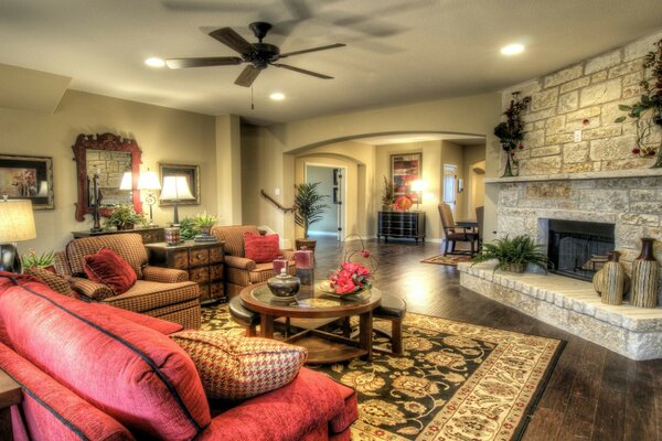 Painting of the living room and cozy interior and fireplace