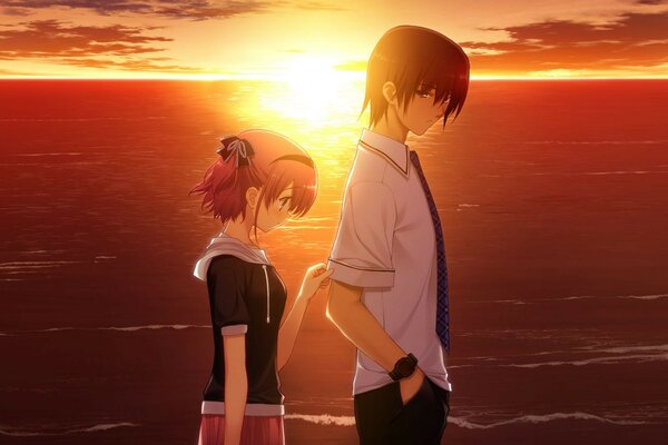 Pareja de anime en el fondo de la puesta del sol