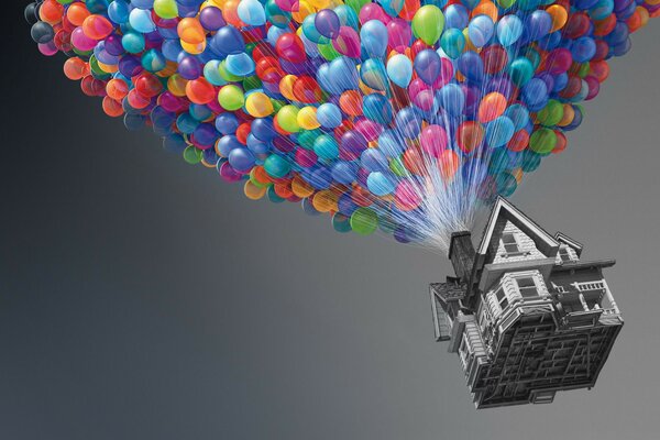 Lots of balloons and a house in the sky. Up