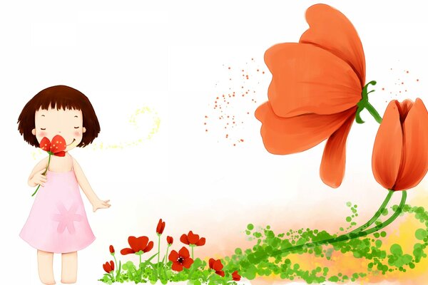 Mała Japońska dziewczynka i kwiaty