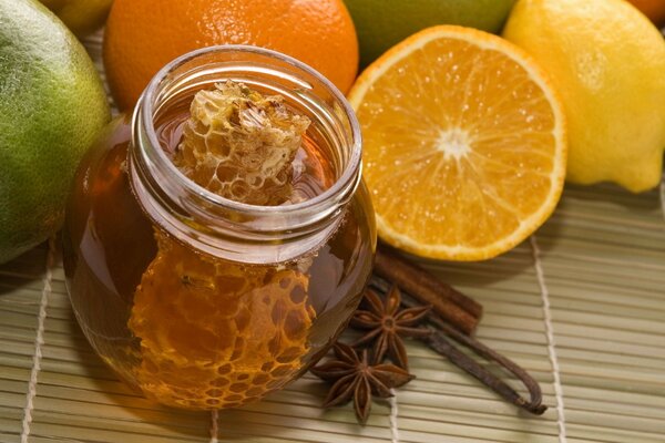 Citrus drinks, honey and fruits