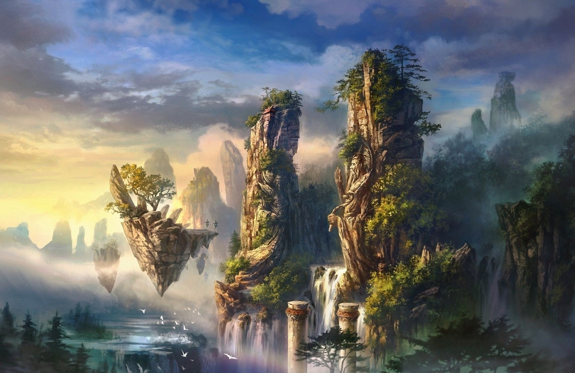 fantasy water travel landscape dawn sunset mountain sky nature outdoors tree river fog