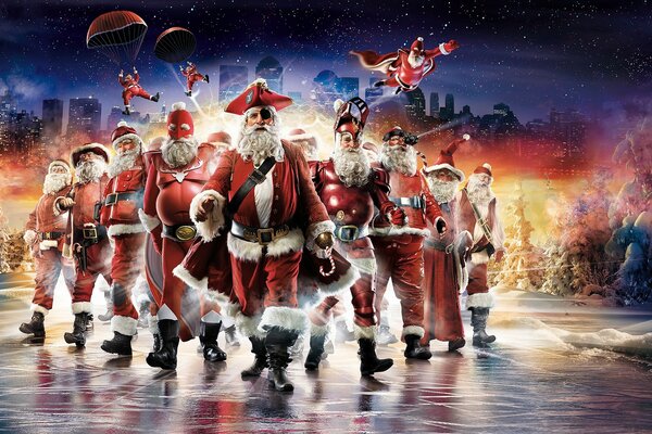 A gang of Santa Claus are going to congratulate on the new year