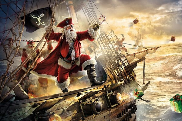 Père Noël comme un pirate sur un navire