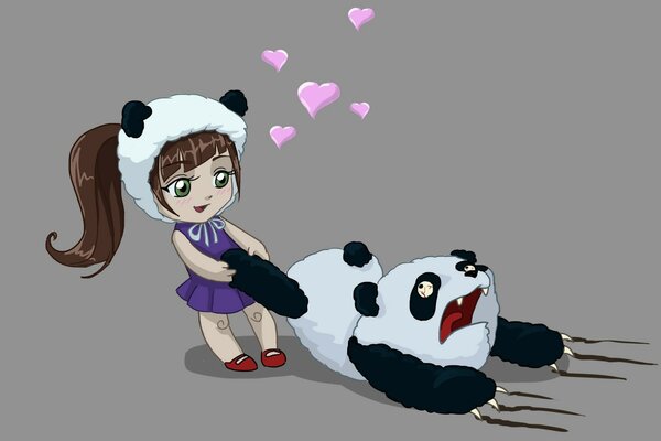 The girl nyashka plays with a panda