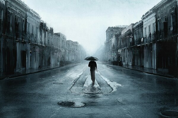 A man in the rain in a dark street