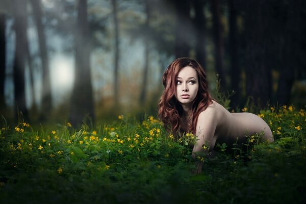 Menina na floresta em uma clareira de flores