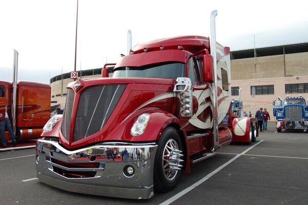 A red truck. Truck parking