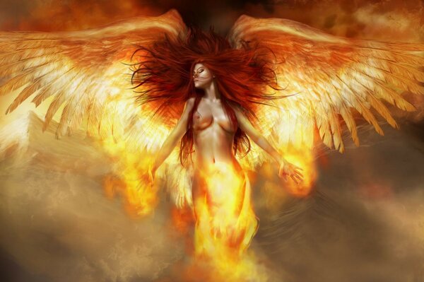 Naked woman with wings on fire