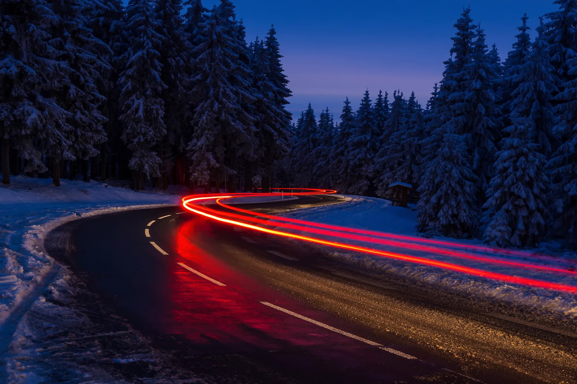 зима дорога снег свет огни выдержка лес ночь