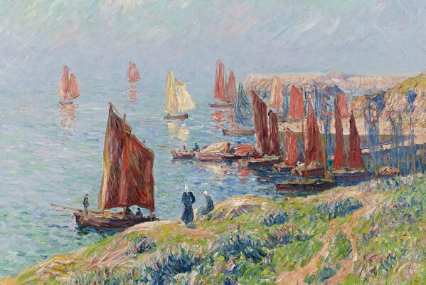 Картина известного художника. Парусники на воде