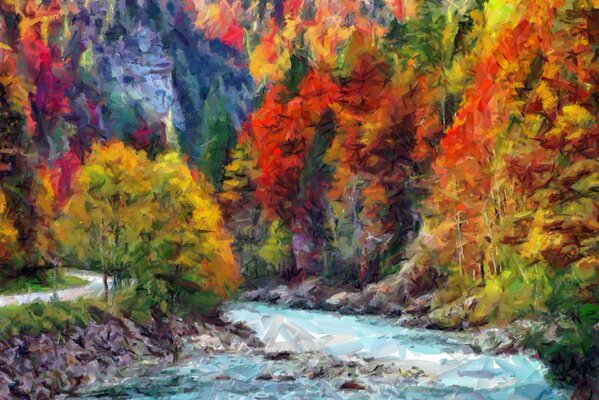 Деревья, окрашенные пестрыми красками осени, и бурлящая вода