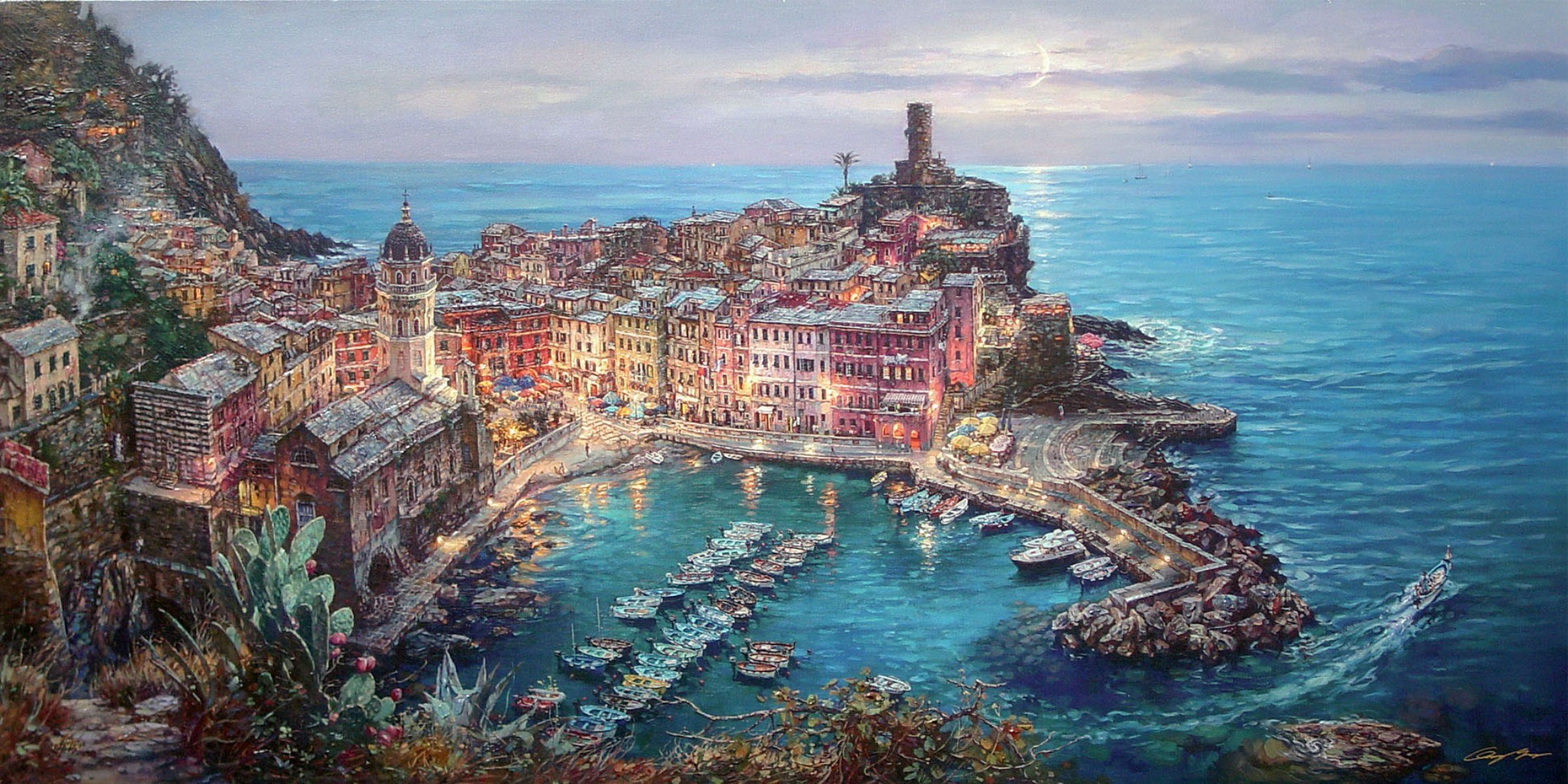 цао юн лунный свет в vernazza живопись средиземное море вернацца италия причал лодки город дома собор лунный свет