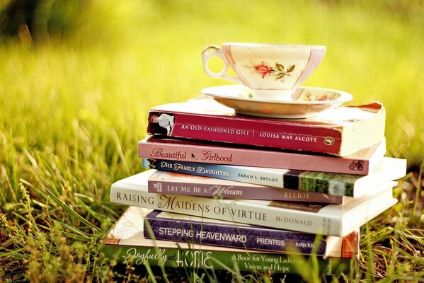 Стопка книг с чешечкой и блюдцем сверху на полянке с травой