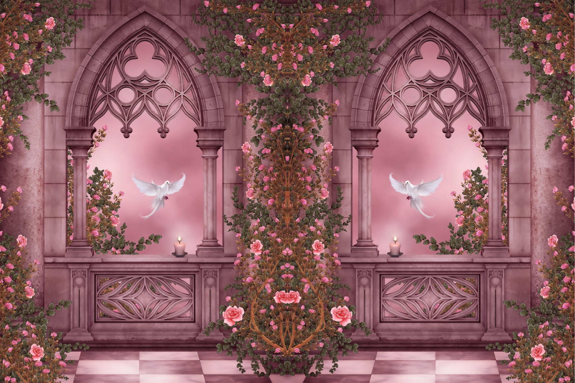 rose garden колонки голуби арки розы цветы гирлянды свечи розовый сад колонны окна